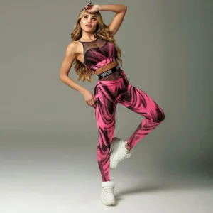 Oshoplive Female Sportswear Two Pieces Set Sports Red Printed Patchwork Mesh Tanks&Leggings Gym Yoga Suits For Women 2025 New