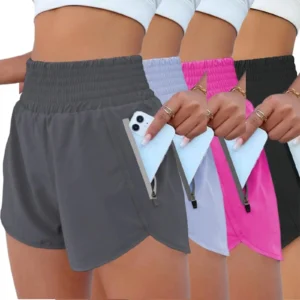 High Waisted Running Yoga Shorts with Built-in Lining for Women, Anti-Slip Boxer Jogger Shorts with Pocket